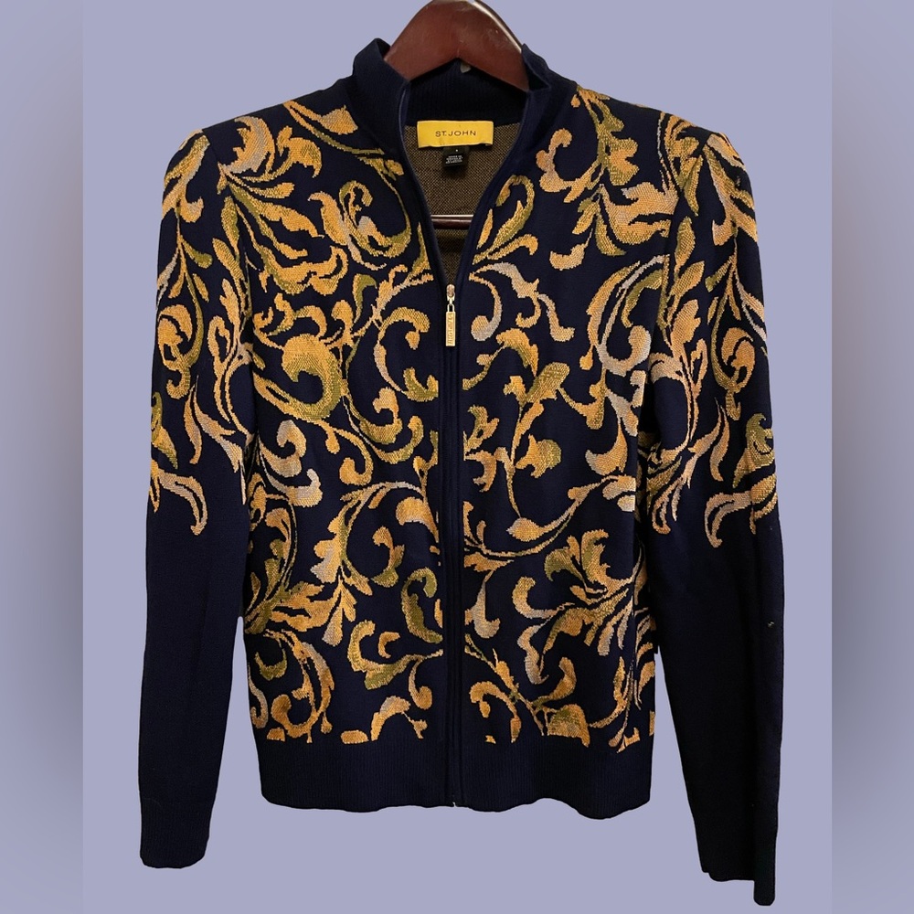 RARE Vintage St. John Yellow Label Navy and Gold Baroque Sweater Designer Luxury
